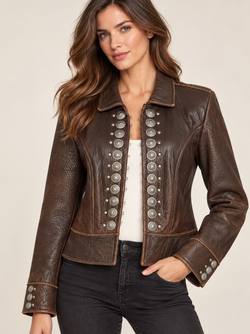 Vintage Double D Ranch Brown Leather Concho Jacket M Western Cowgirl